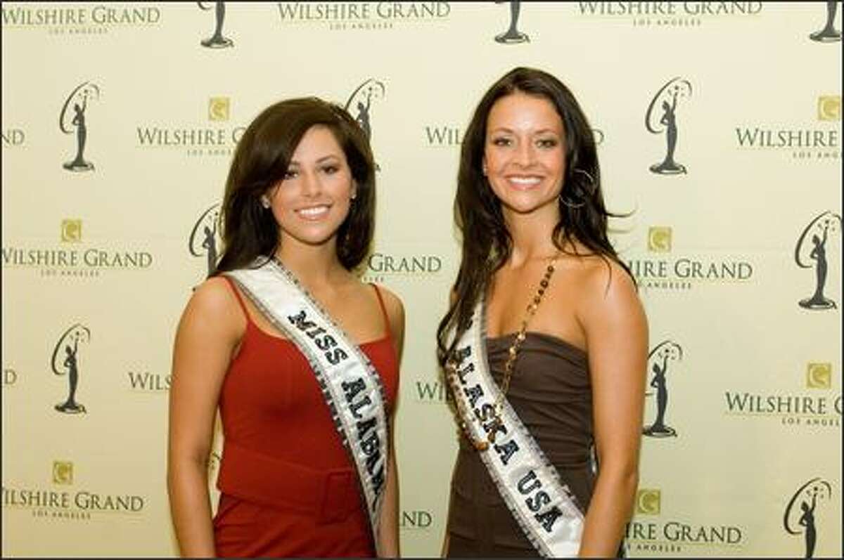 Rebecca Moore, Miss Alabama USA 2007, and Blair Chenoweth, Miss Alaska USA 2007, pose at the Wilshire Grand Hotel in Los Angeles on March 8 before registration and fittings for the Miss USA 2007 competition.