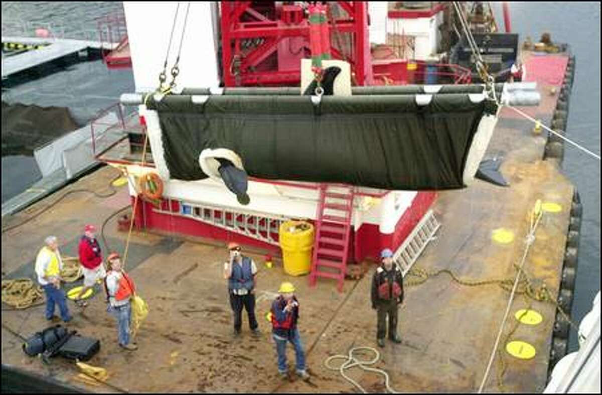 A crane hoists the 1,348-pound orca whale in a sling onto a waiting catamaran ferry as crew and veterinarians Pete Schroeder, far left in yellow, and David Huff, second left, watch in Manchester. The whale will make the 400-mile trip to her native Canadian waters in 10-12 hours.