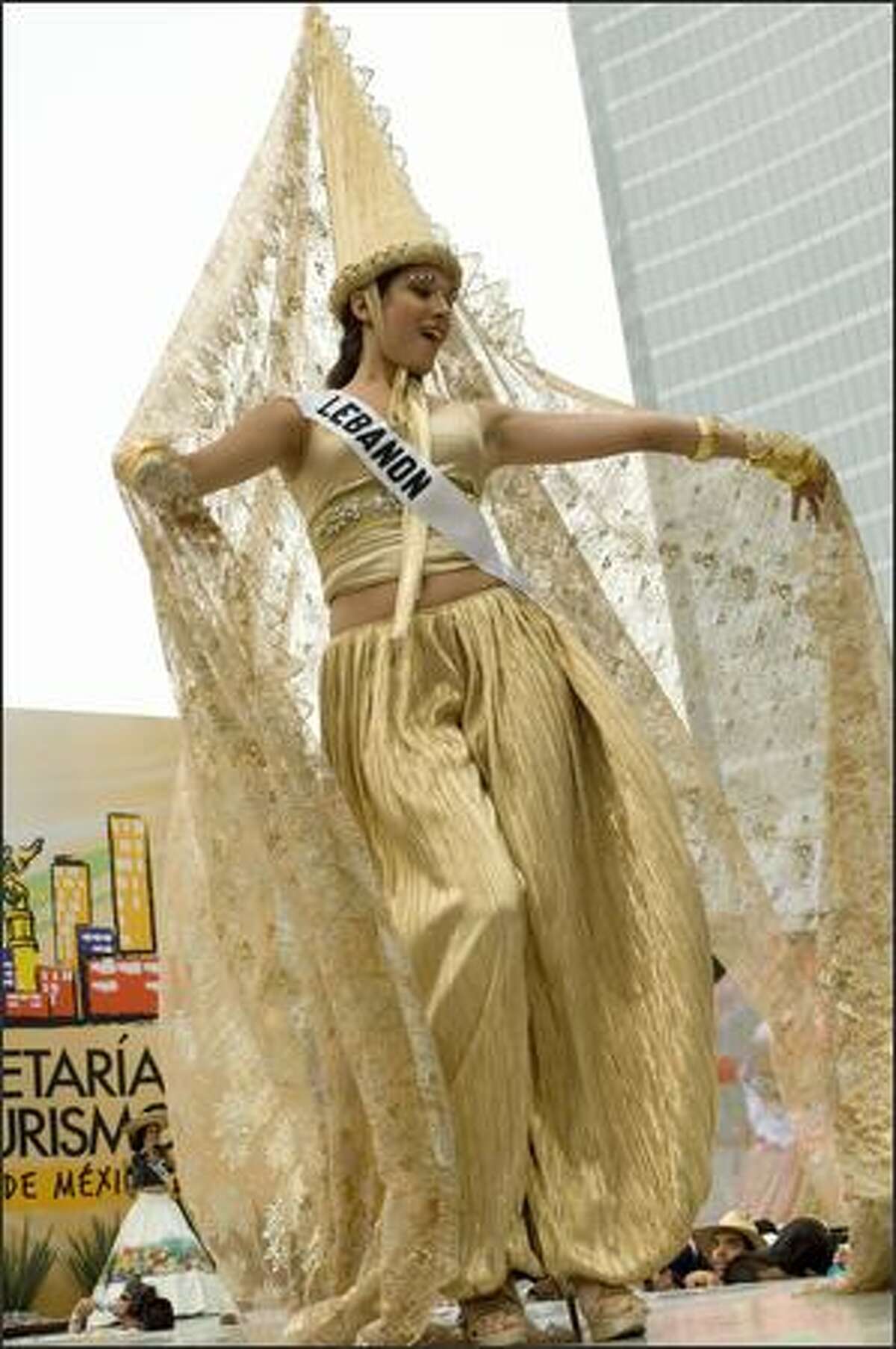 Nadine Njeim, Miss Lebanon 2007, at the 2007 Miss Universe National Costume Show at the Angel of Independence in Mexico City on May 20.