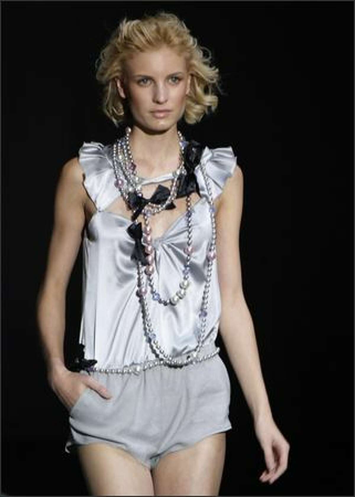 A model presents a creation by Italian designer Giorgio Armani for Emporio Armani during the Spring/Summer 2008 collections of the Milan ready-to-wear fashion shows.