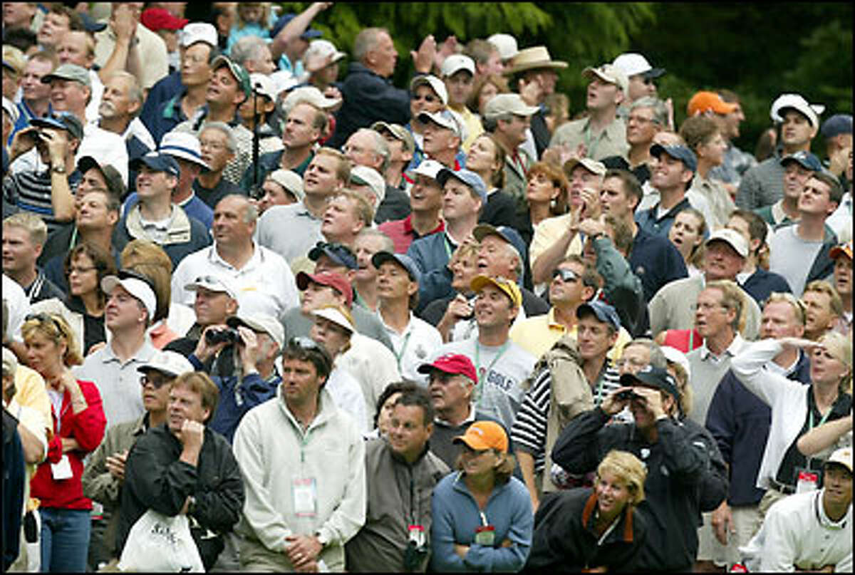 The gallery watches Craig Parry's approach to the 18th green.