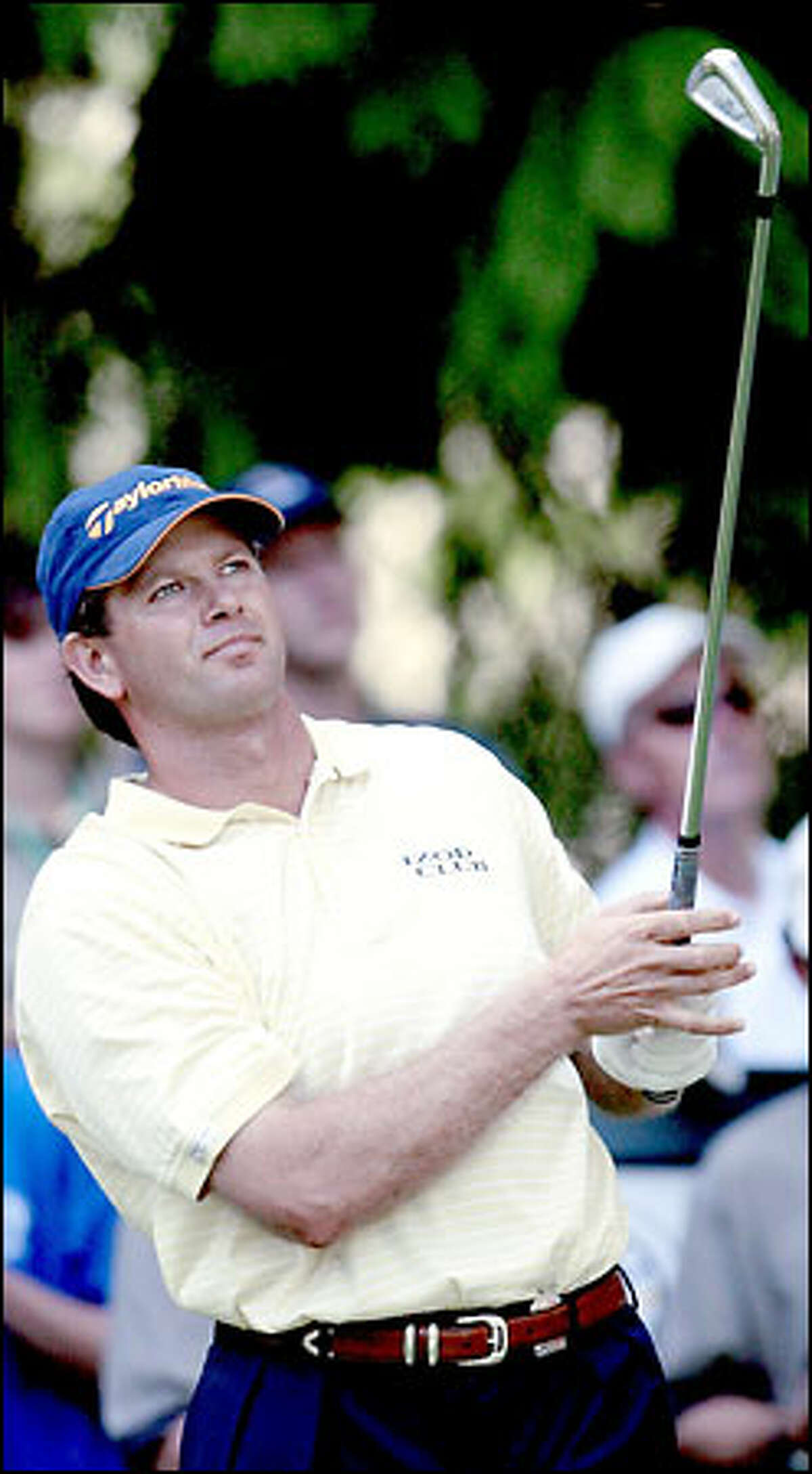 Retief Goosen tees off of the 17th hole. He finished the day one stroke out at -9.