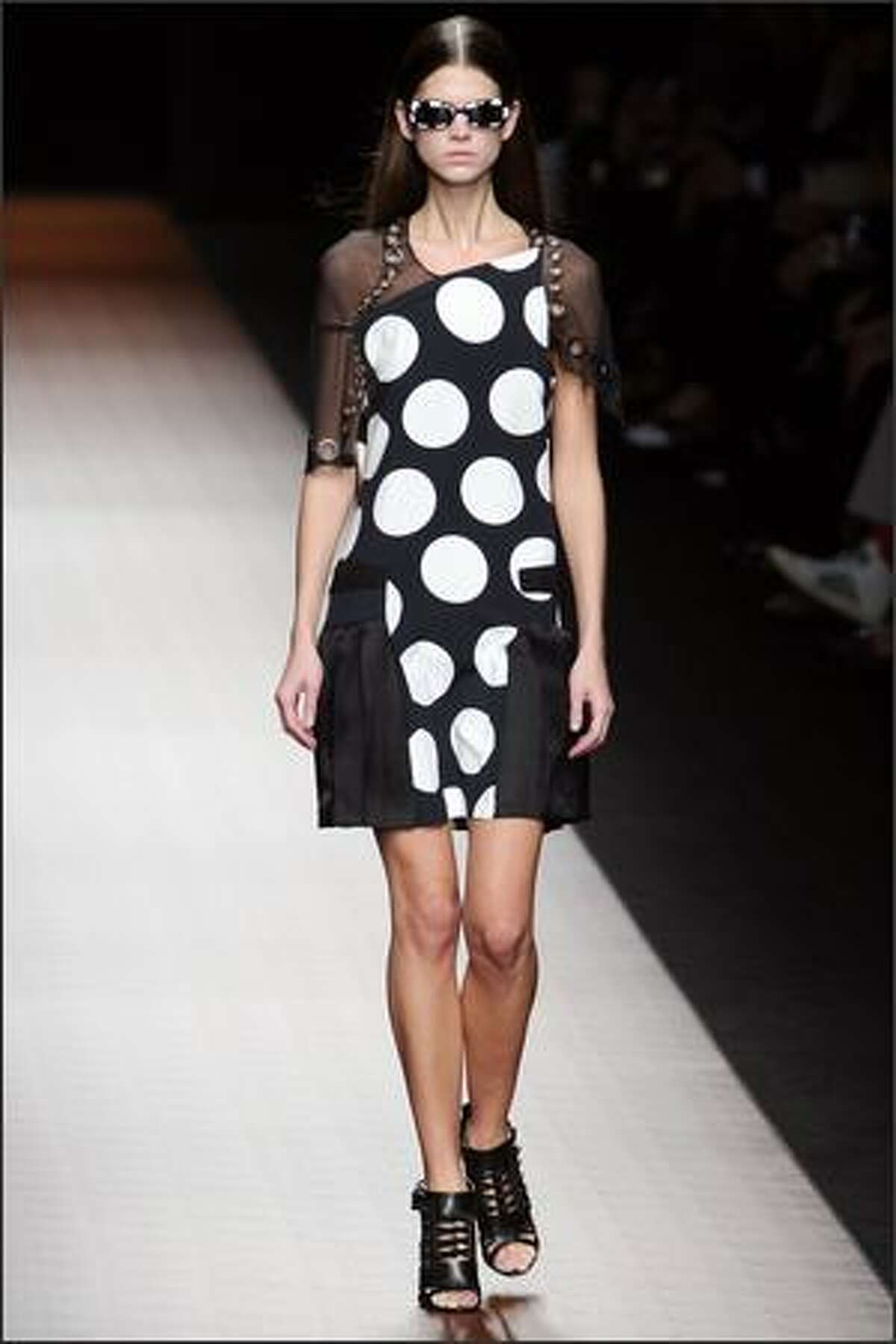 A model presents a creation by Italian designer Ricardo Tisci for Givenchy.