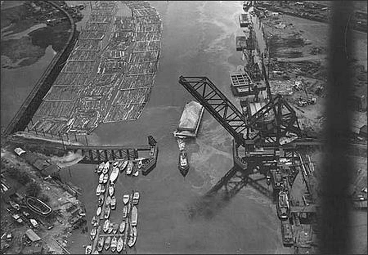 Aerial of Duwamish River and Spokane Street Bridge looking south, Seattle, June 15, 1938. (Charles Laidlaw)