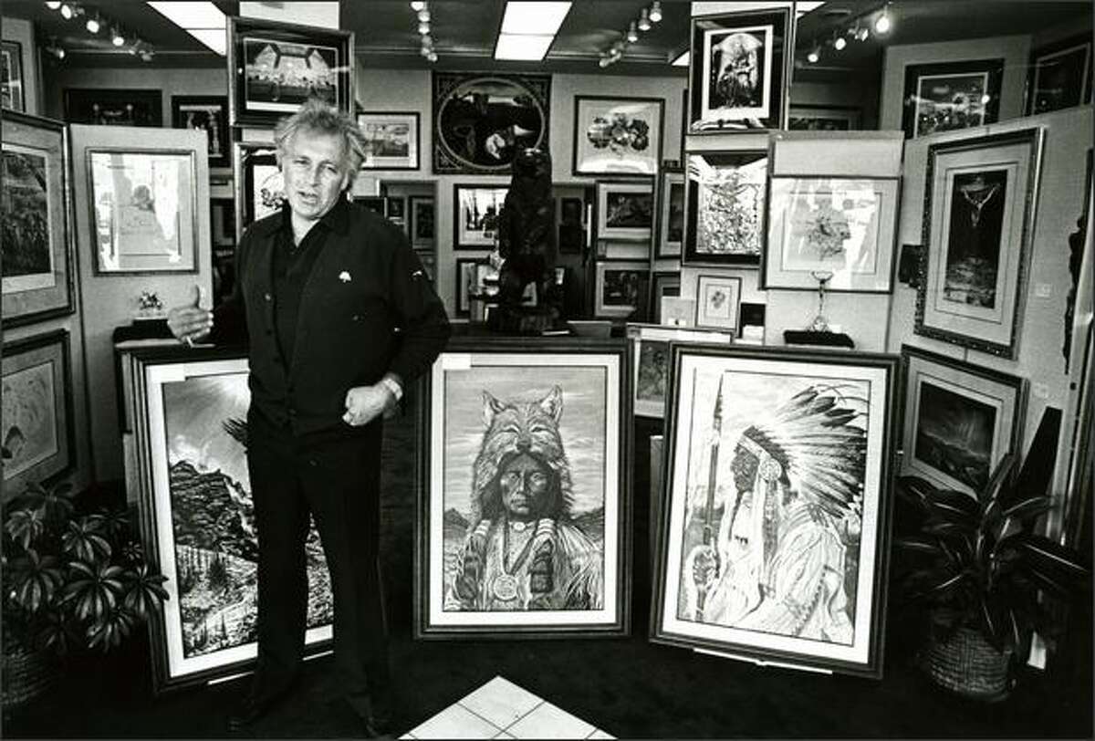 Bellevue, Wash. -- Evel Knievel, known for daredevil motorcycle jumps, leaped into the art world. He is shown here with some of the 23 paintings he has on display at an art gallery in this Seattle suburb, with Salvador Dali lithographs in the background, on Sept. 24, 1983.