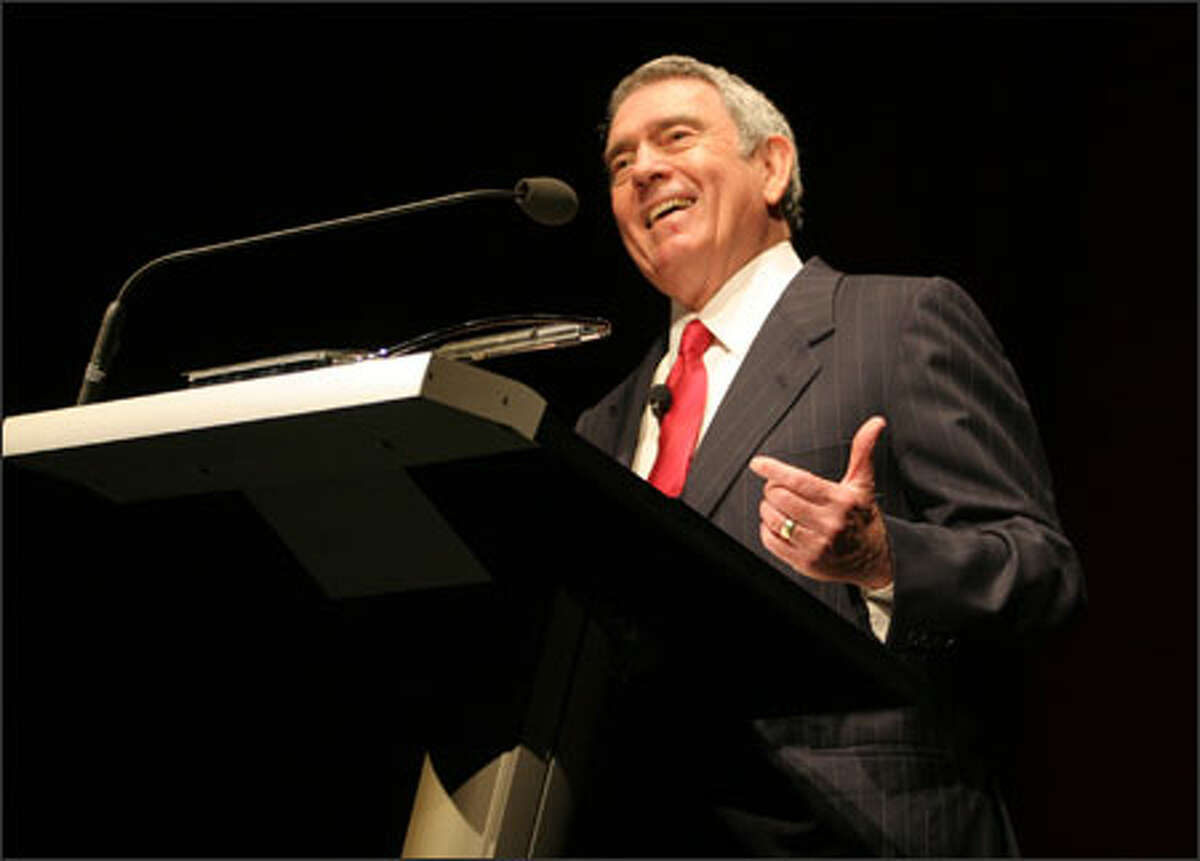 Dan Rather speaks to a full house at McCaw Hall. The veteran CBS News reporter and anchor urged Tuesday night's audience to demand serious news reporting and said reporters must "speak truth to power."