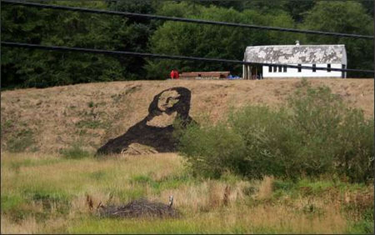 A stenciled painting of the "Mona Lisa" by artist Samuel Clemens adorns a hillside in Toledo, Ore.