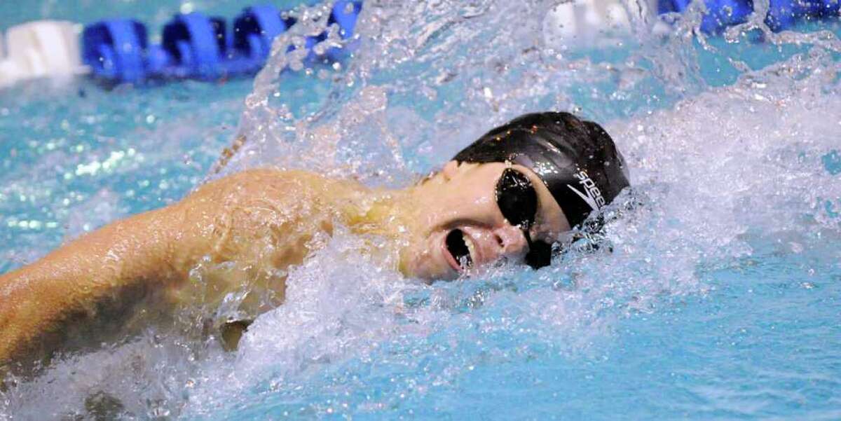 Andrew Dillinger of Greenwich High School competes in the 400 yard freestyl relay during the State Open Swimming Championships at Yale University, New Haven, Conn., Saturday afternoon, March 19, 2011.