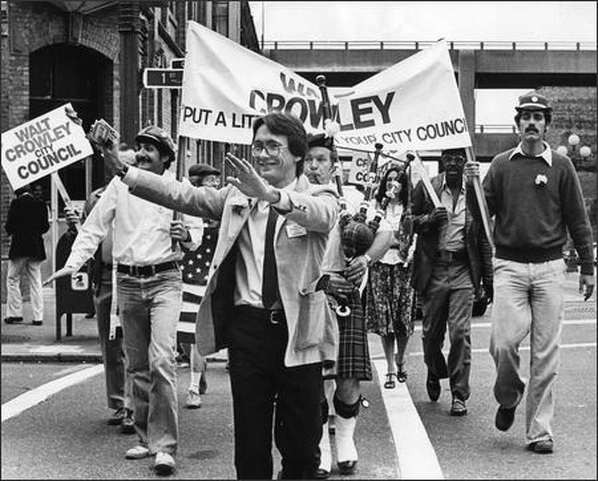 Crowley campaigns for a City Council seat in 1979. "I was a very improbable candidate, given my politics," Crowley said. Among his opponents was current council President Nick Licata. Both men lost.