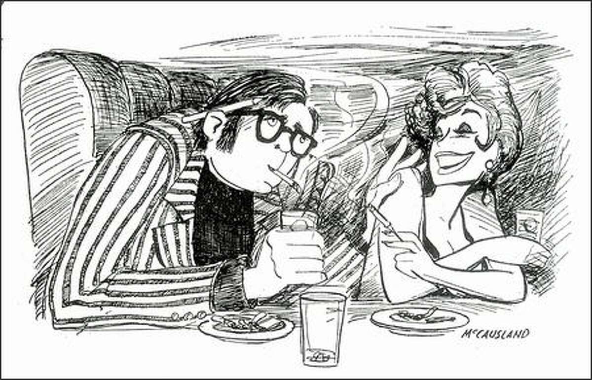 In this 1969 illustration by the late P-I artist Bob McCausland, rookie Sonics reporter Michael Glover, later to become J Michael Kenyon, falls under the spell of a ballet dancer at the Bear's Den bar in Baltimore. Glover quit his job at the P-I, changed his name at her insistence and married the woman.