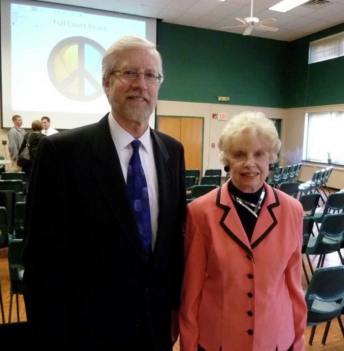 Rev. Ed Horne and Mary Attanasio, co-chairmen of the Interfaith Council of Westport and Weston, which sponsored the local presentation on Full Court Peace.