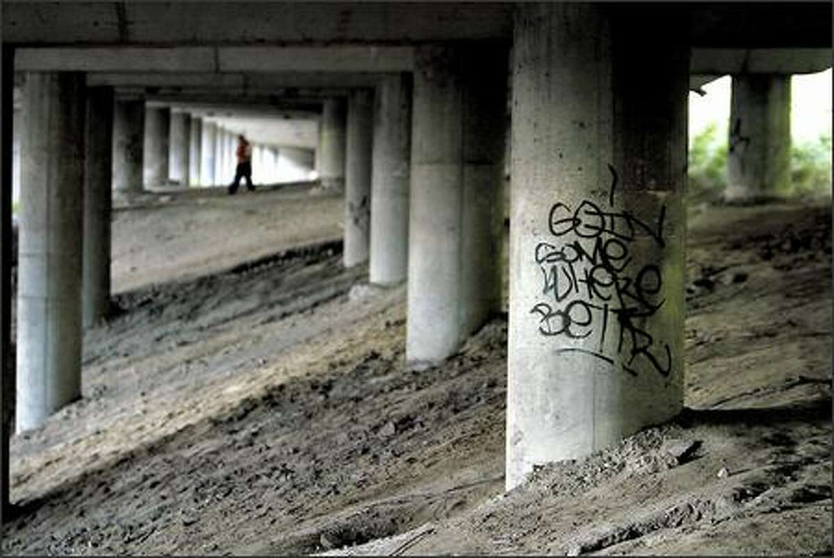 Graffiti reading "Goin somewhere bettr" is evident Tuesday under Interstate 5 near South Massachusetts Street in Seattle not far from where Isaac Palmer, 62, was struck and killed Saturday by a brush-clearing tractor while he was sleeping unseen in blackberry brambles. Transients frequenlty take refuge there.