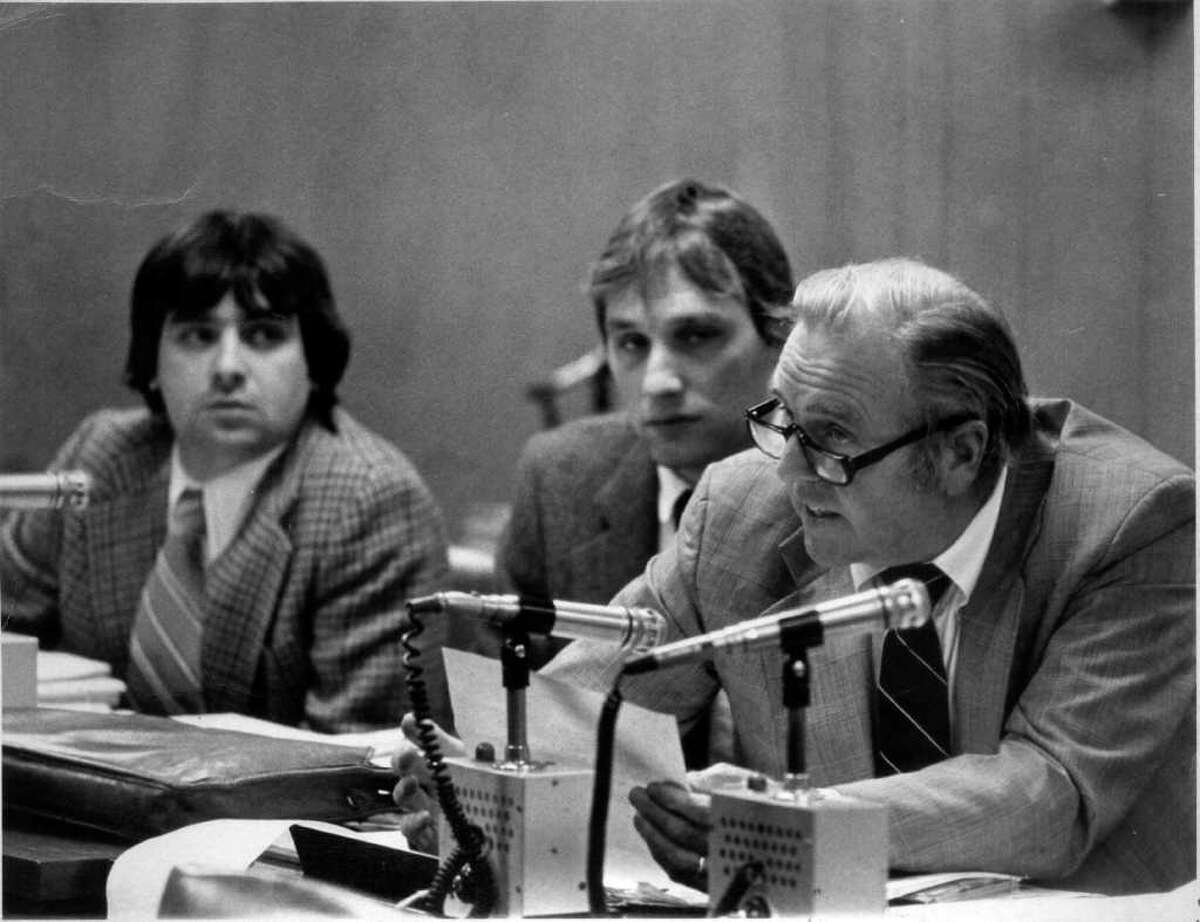 Engineers Michael Pavia (left), and Robert Boley (center) and Attorney E. Gaynor Brennan Jr. at an Environmental Protection Board meeting circa 1977.
