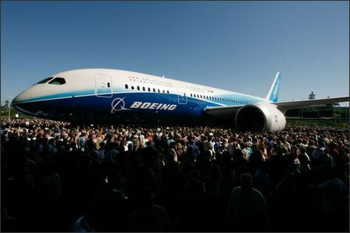 The first Boeing 787 Dreamliner makes its public debut at the company's Everett plant on Sunday.