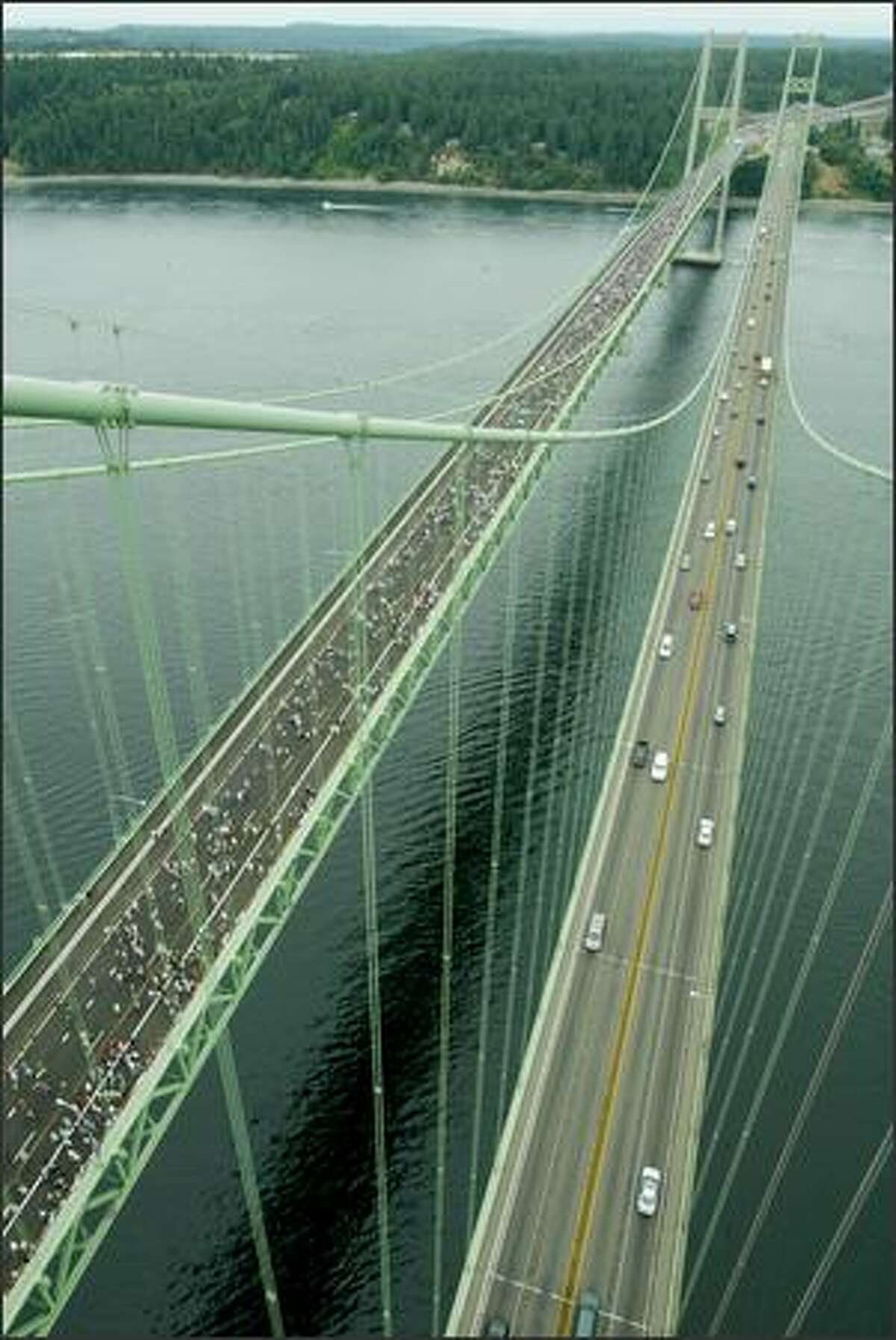 The new Tacoma Narrows Bridge, as seen from the top of the south tower of the old bridge.