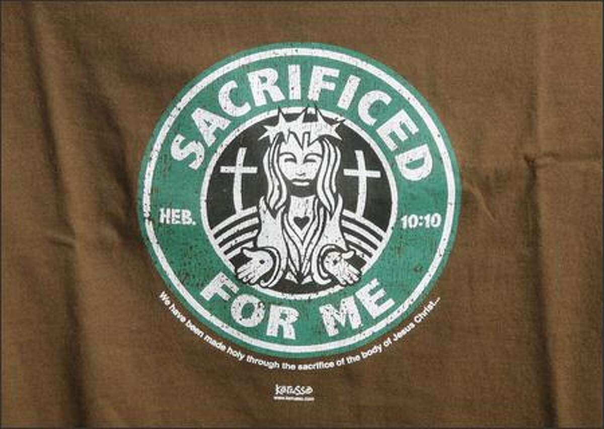 The familiar Starbucks logo gets a new central figure -- Jesus -- on Christian t-shirts.