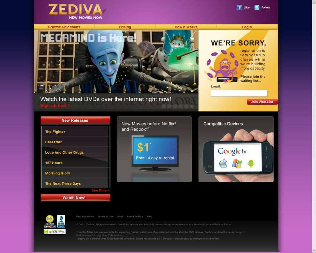 Zediva Inc., buys DVDs when they are first released to the home movie market, pops them into a bank of rack-mounted, Web-connected DVD players and streams the video on demand online.