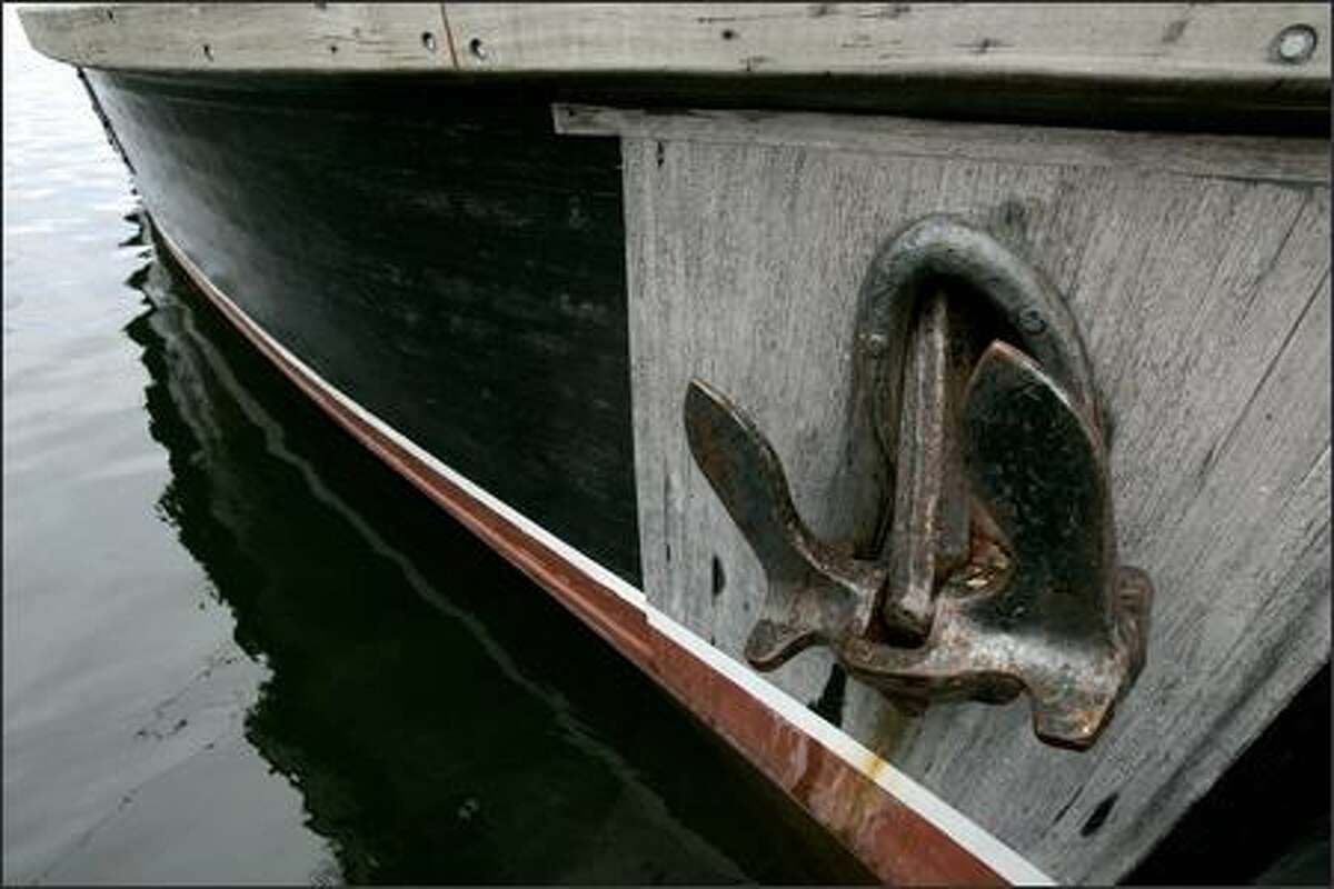 The David B, a 1929 cannery tender, sports a large anchor.