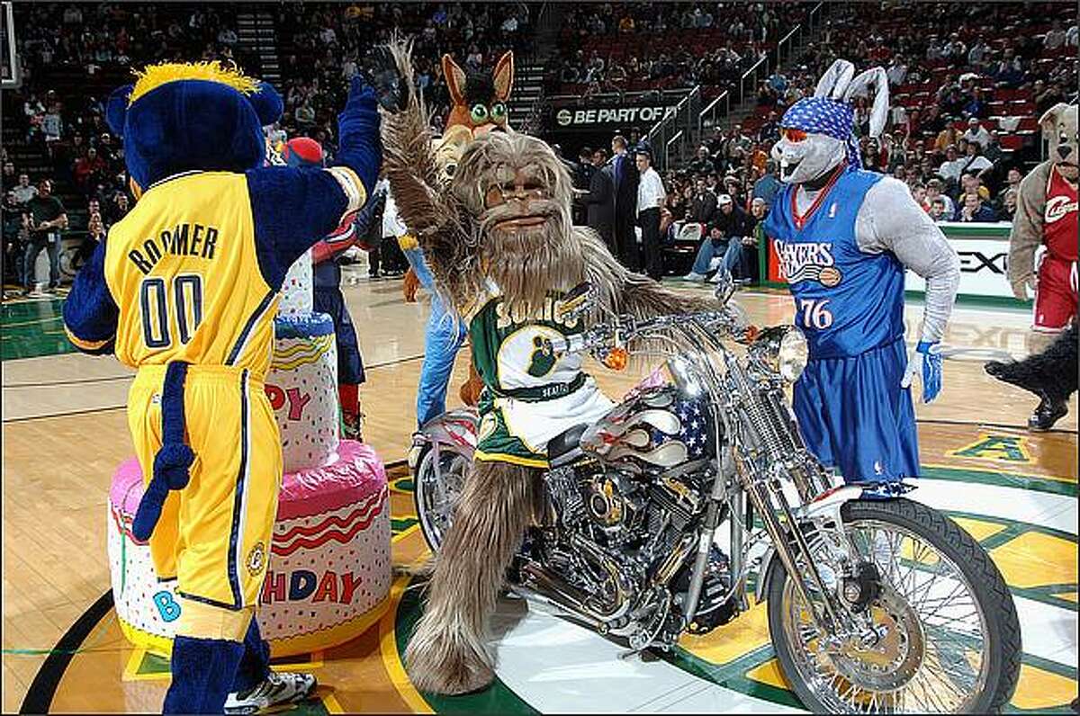 Squatch celebrates his birthday with other NBA mascots during a game against the Sacramento Kings on Jan. 27, 2008.