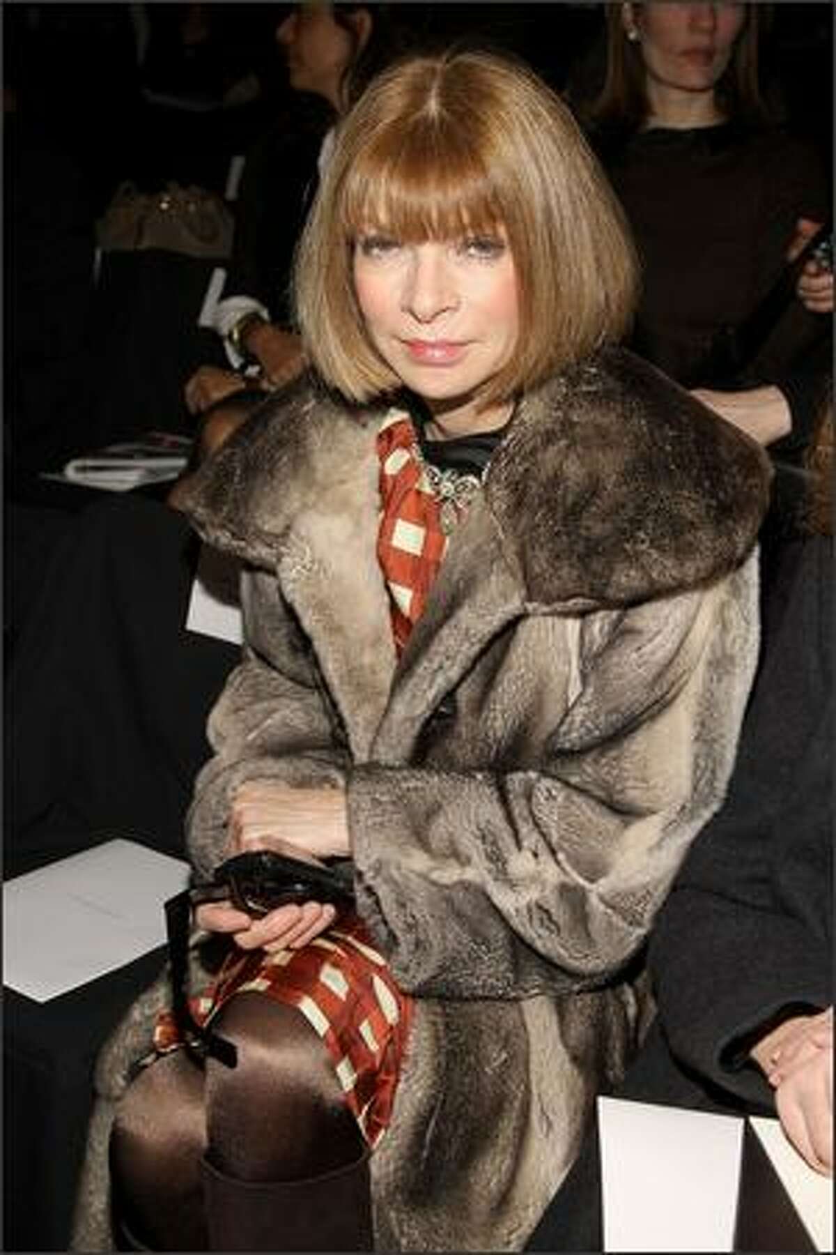 Editor-in-chief of Vogue Anna Wintour attends the Carolina Herrera 2008 fashion show during Mercedes-Benz Fashion Week Fall 2008 at The Tent at Bryant Park in New York City.