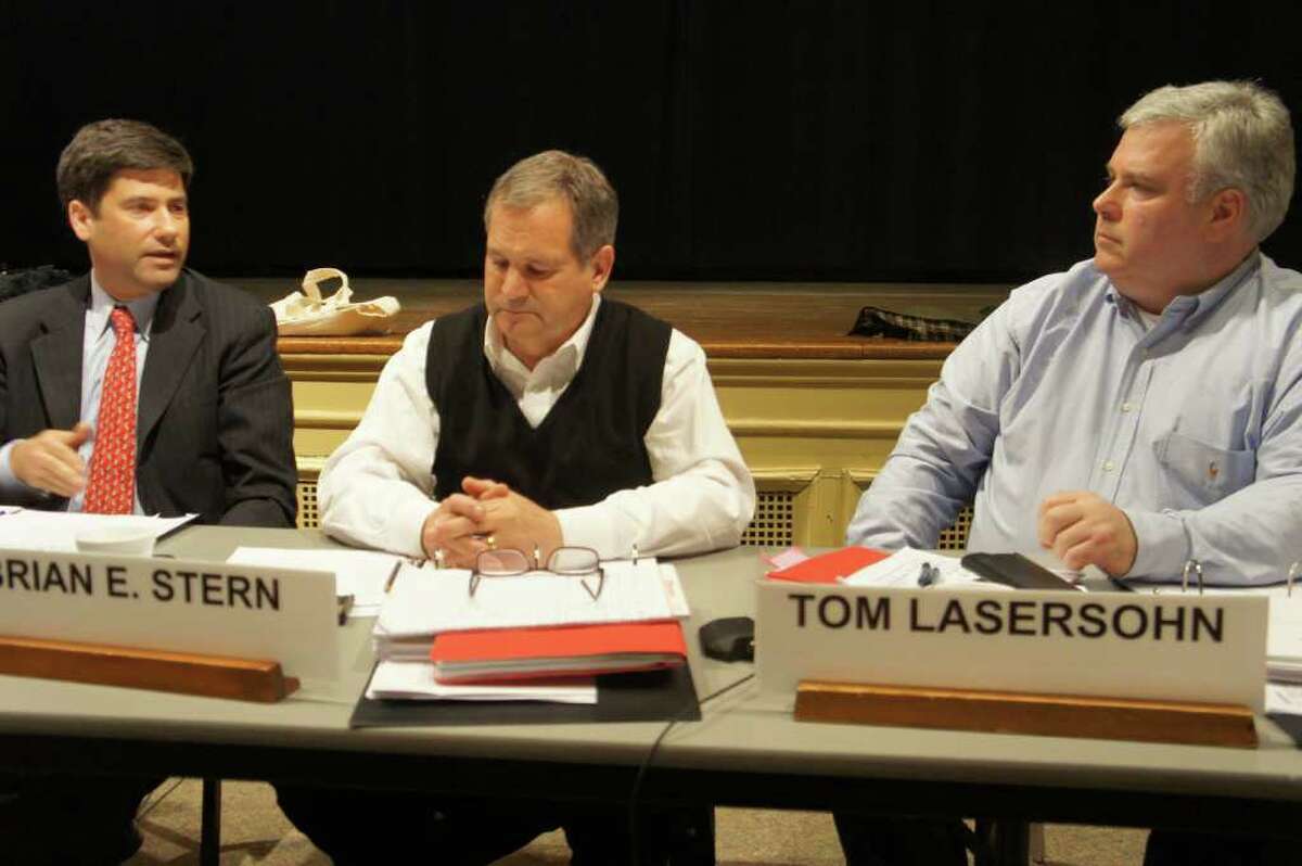 Westport Board of Finance members Avi Kaner, left, Brian Stern, center, and Tom Lasersohn discuss First Selectman Gordon Joseloff's proposed 2011-12 municipal budget on March 23, 2011.