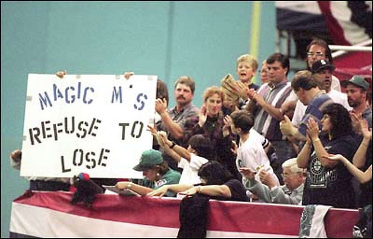 "Refuse to Lose!" became the Mariners' unofficial team slogan during their 1995 playoff run. The mantra was coined by fans who displayed it on a homemade banner during a game but quickly became a common site. This banner appeared during the third playoff game between the Mariners and Yankees on Oct. 6; the M's won 7-4.