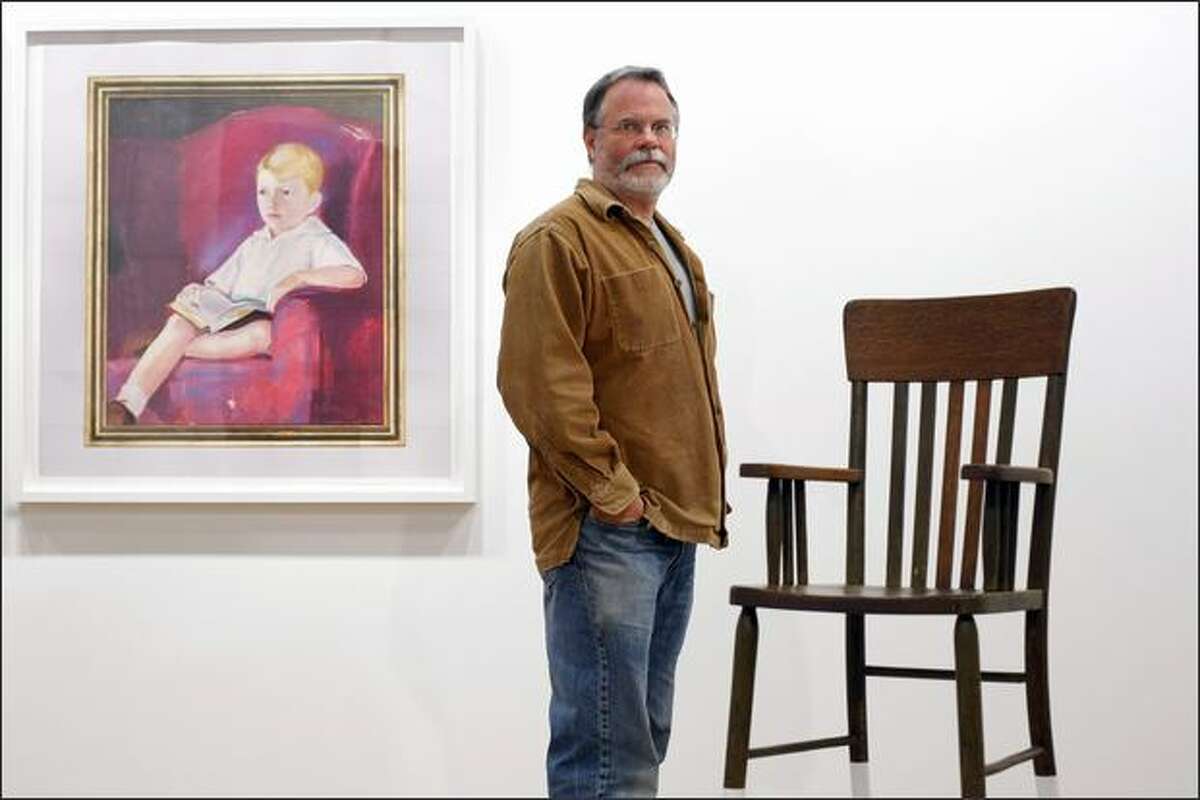 Seattle artist Roy McMakin poses with details of two works: "6 Photographs of a Painting of a Boy I Bought at an Antique Mall," left, and an untitled piece.