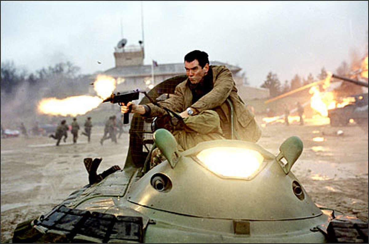 James Bond (Pierce Brosnan) fights the enemy from atop a speeding Hovercraft.