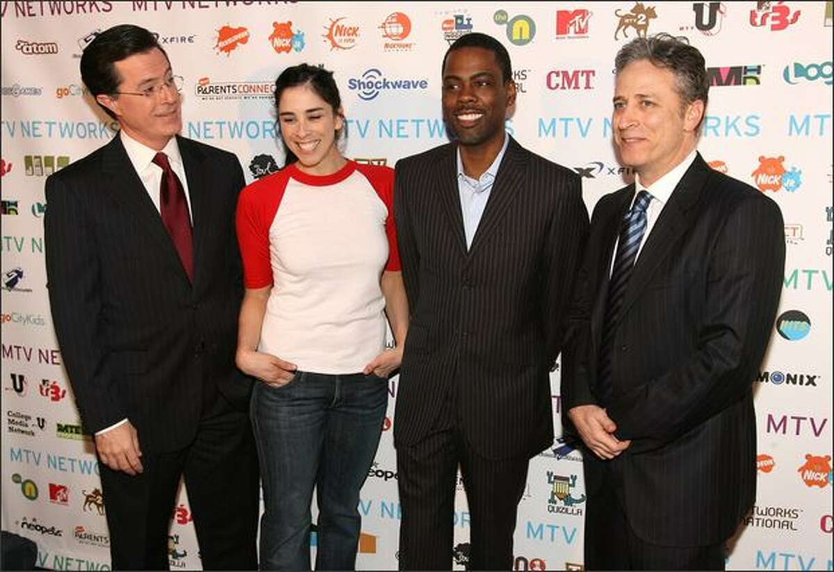 From left, TV personality Stephen Colbert, actress Sarah Silverman, actor/comedian Chris Rock and TV personality Jon Stewart attend the MTV Networks Upfront at the Nokia Theater in New York. The New York Times describes an upfront as the network's "pitch (to) advertisers on their programs for the coming year." The entertainment press also is in attendance.