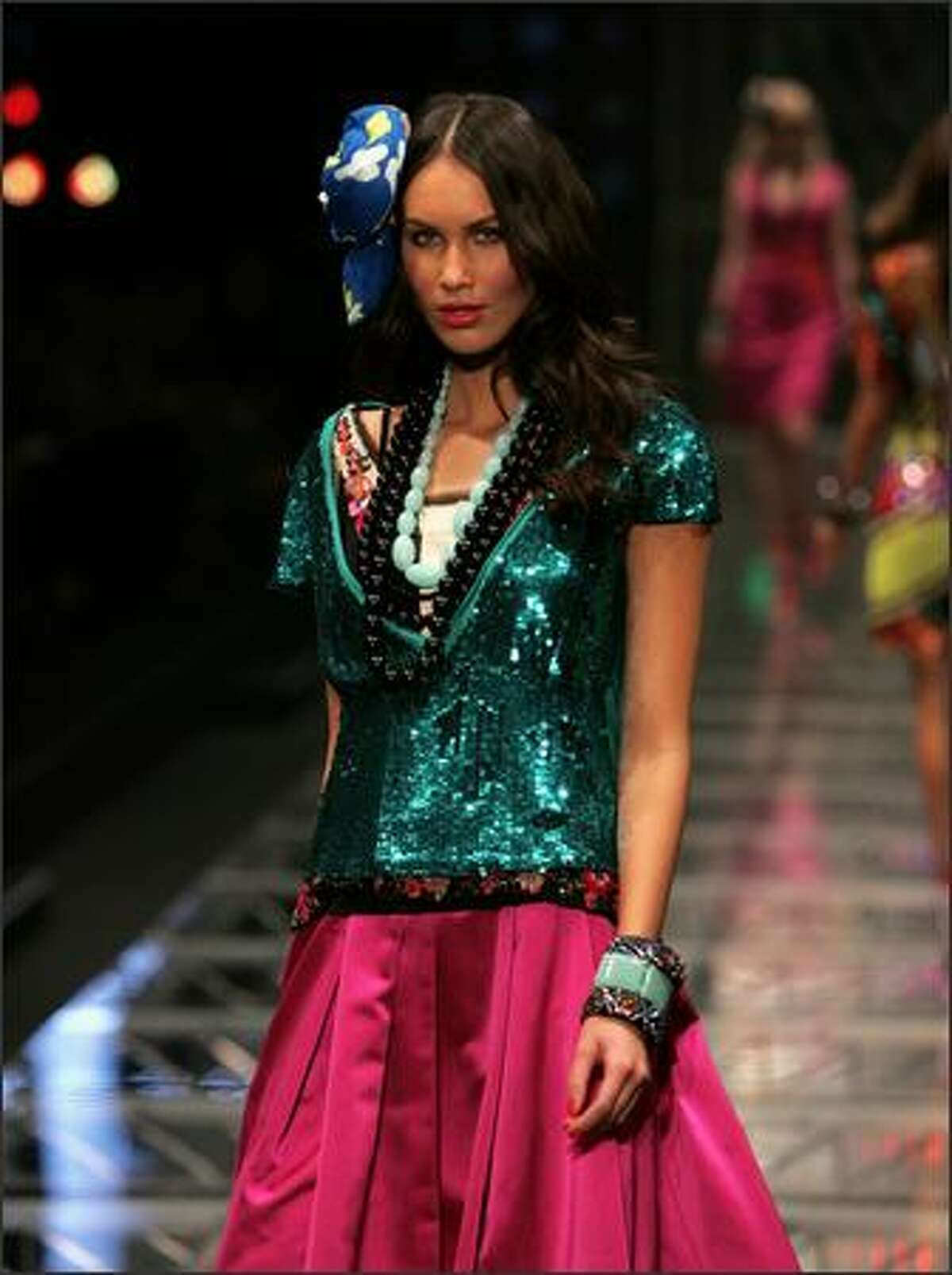 A model showcases designs by Trelise Cooper on the catwalk at the David Jones Summer 2008 Collections Launch 'Summer In The City' event at the Royal Hall of Industries in Sydney, Australia.