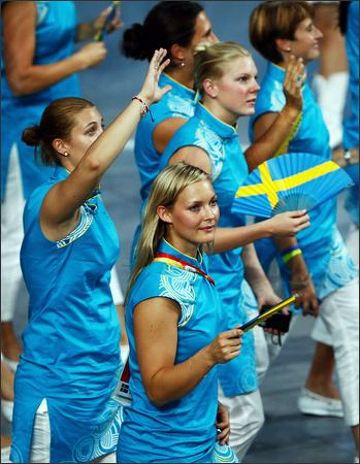 Swedish athletes enter the stadium during the Opening Ceremony for the 2008 Beijing Summer Olympics at the National Stadium on August 8, 2008 in Beijing, China. (Photo by Cameron Spencer/Getty Images)