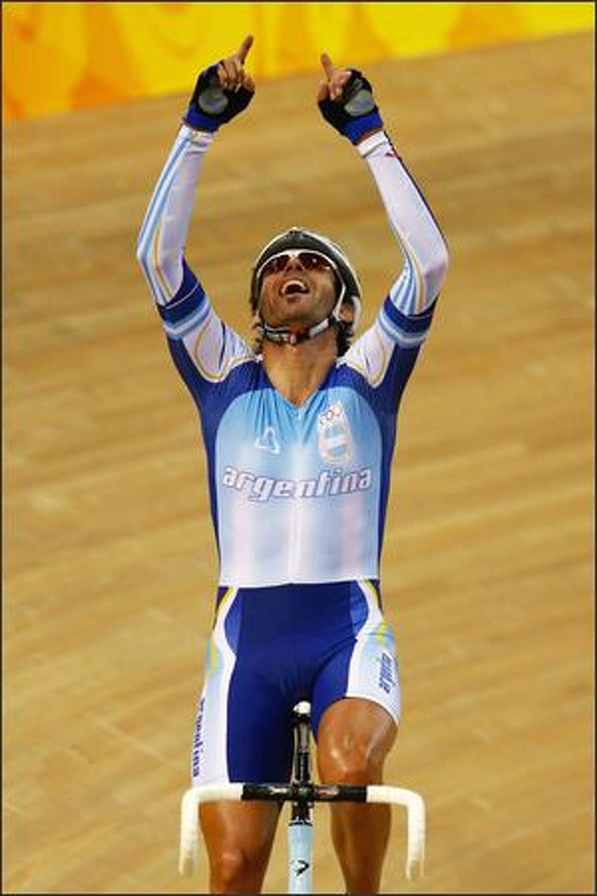 Walter Fernando Perez of Argentina celebrates the gold medal in the Men's Madison at the Laoshan Velodrome on Day 11 of the Beijing 2008 Olympic Games on Tuesday.