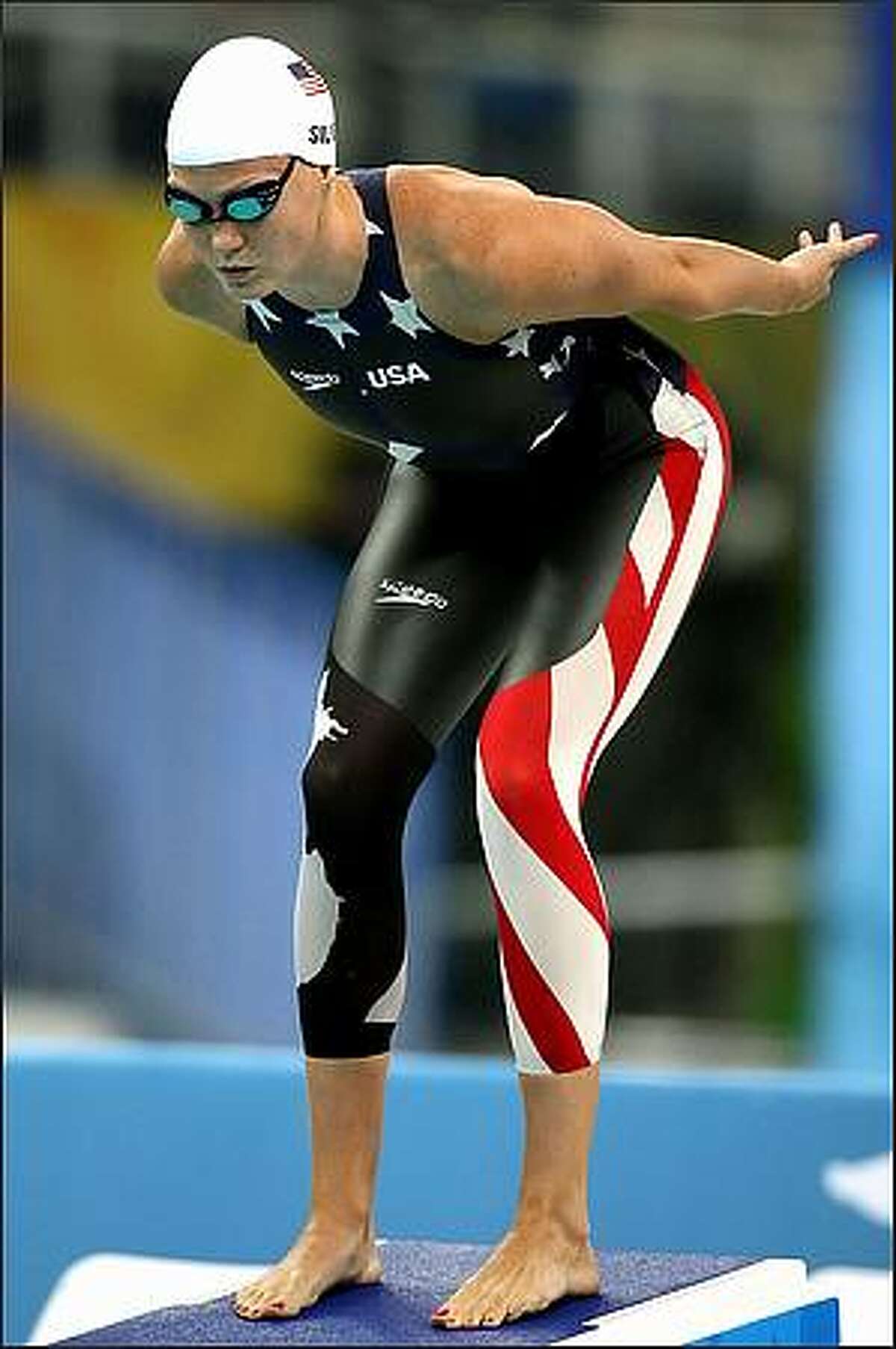 Emily Silver of the United States competes in the Women's 4x100m Freestyle Relay Heat 2 held at the National Aquatics Center during Day 1 of the Beijing 2008 Olympic Games in Beijing, China.