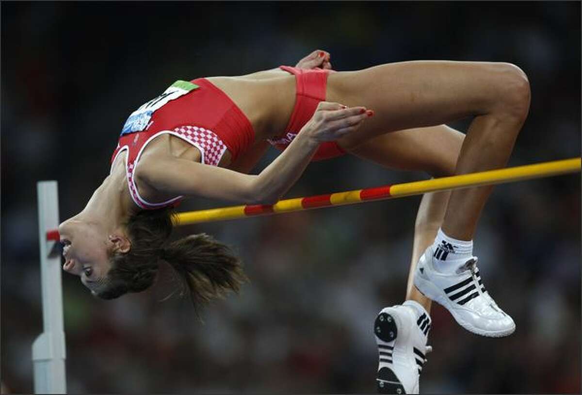 Croatia's Blanka Vlasic competes in the women's high jump final at the National Stadium as part of the 2008 Beijing Olympic Games on August 23, 2008.