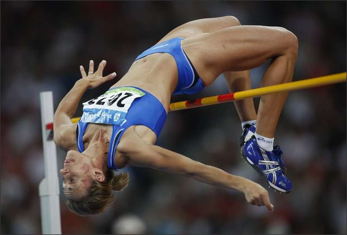 Antonietta di Martino of Italy competes in the women's high jump final at the National stadium as part of the 2008 Beijing Olympic Games on August 23, 2008.