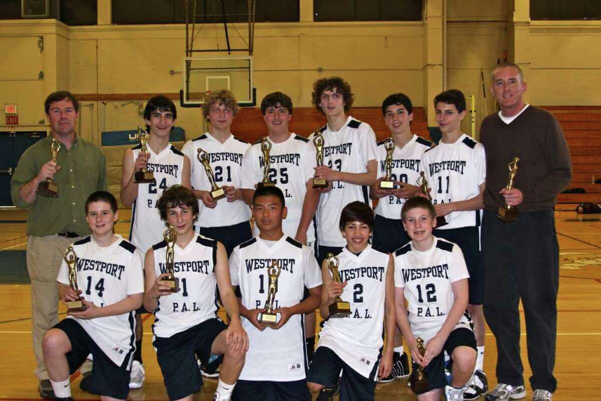 The Westport eighth grade PAL boys basketball team won the Fairfield County Basketball League B division championships March 13 with a 67-60 victory over St. Theresa of Trumbull at Weston High School. Team members, front row, from left, are, Connor Whelan, Zach Feinstein, Tyler Tsang, Harry Kohn and Ryan Connors; back, Coach Glenn O'Neil, Jake Melnick; Griffin Lach; Eric Hawes, Nicolaas Esposito, Cameron Haber, Tucker Bobrow and Assistant Coach Tom Whelan. James Marcante is missing from the photo.
