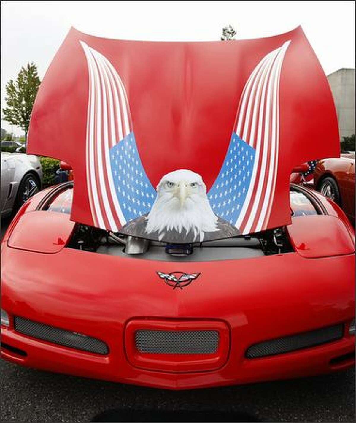 A patriotic Corvette on display.