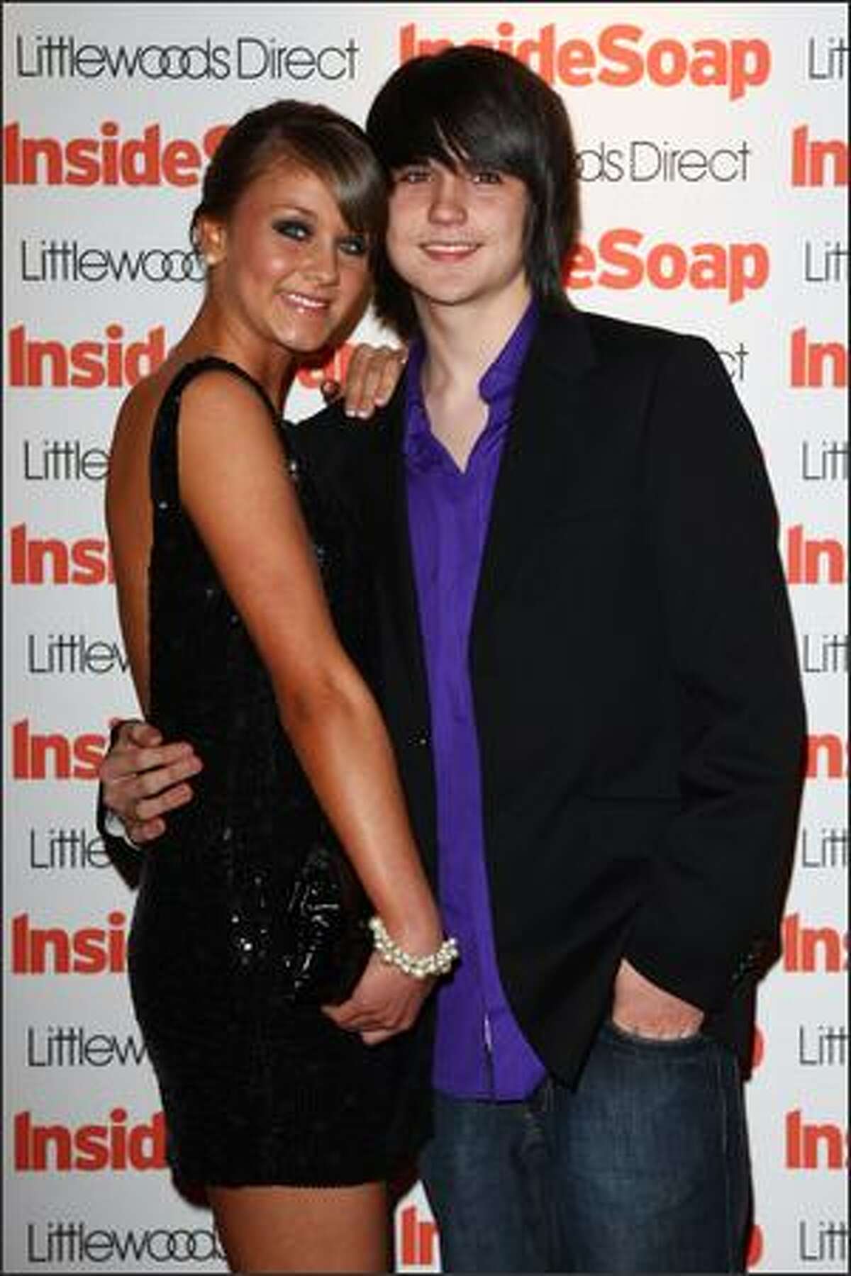 Actors Brooke Vincent and Ben Thompson pose in the press room for the Inside Soap Awards 2008 at Gilgamesh, Camden Lock on Monday in London, England.