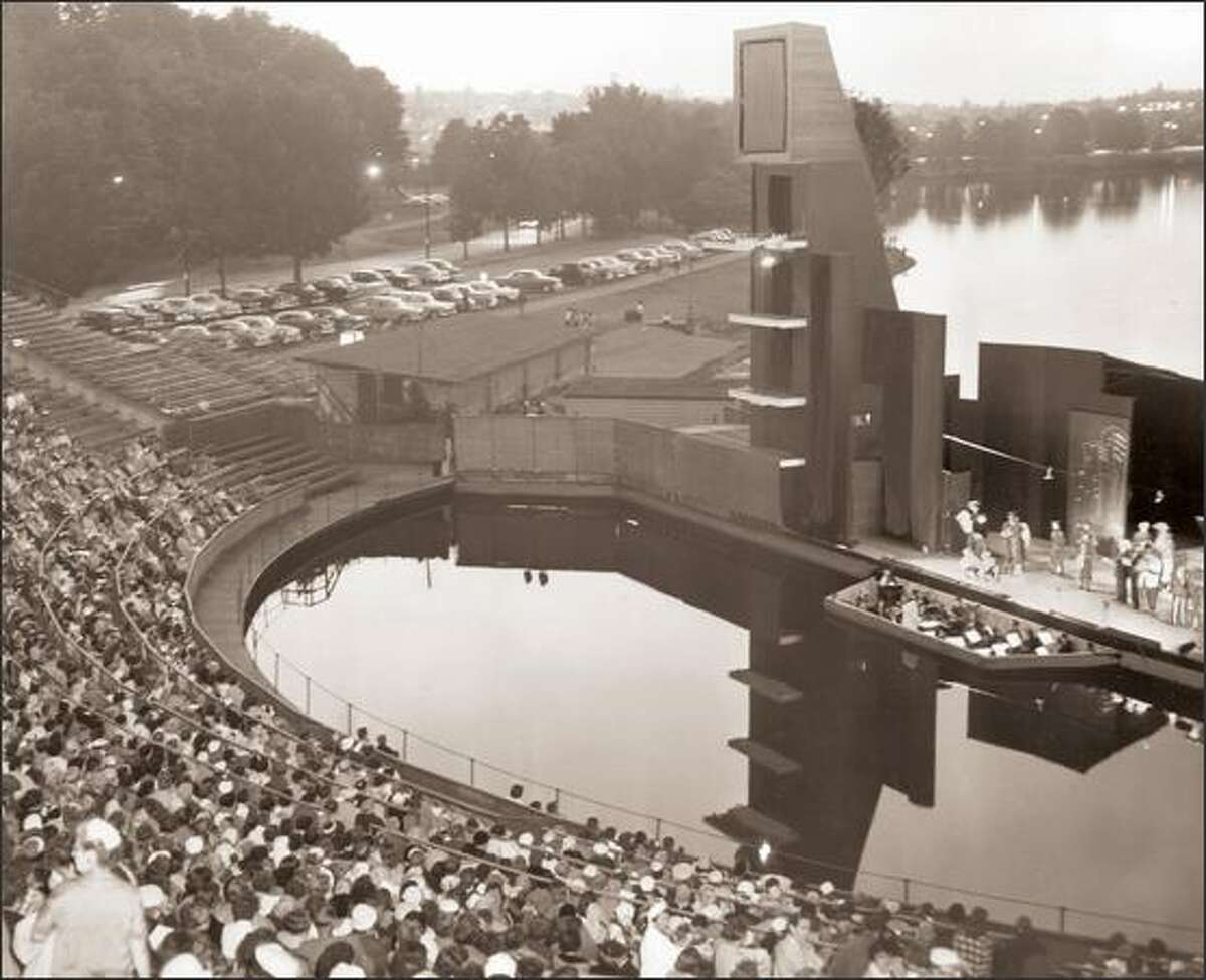 The Aqua Theatre at Green Lake in 1958 is where the vaudeville-style "Aqua Follies" were performed before as many as 5,000 fans along the shores of the lake.
