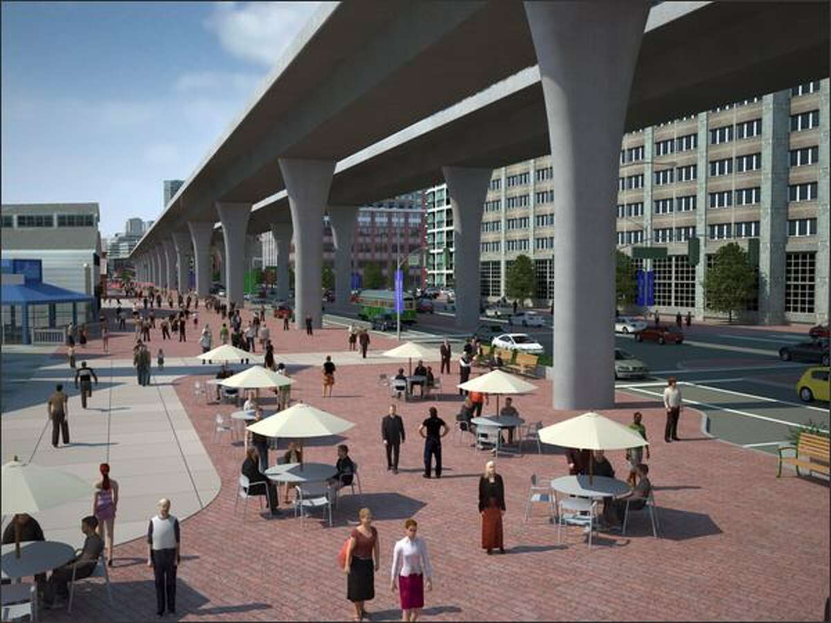 Scenario D -- elevated. In this scenario state Route 99 would run along the waterfront on two independent bridge structures, side by side, with two lanes in each direction.