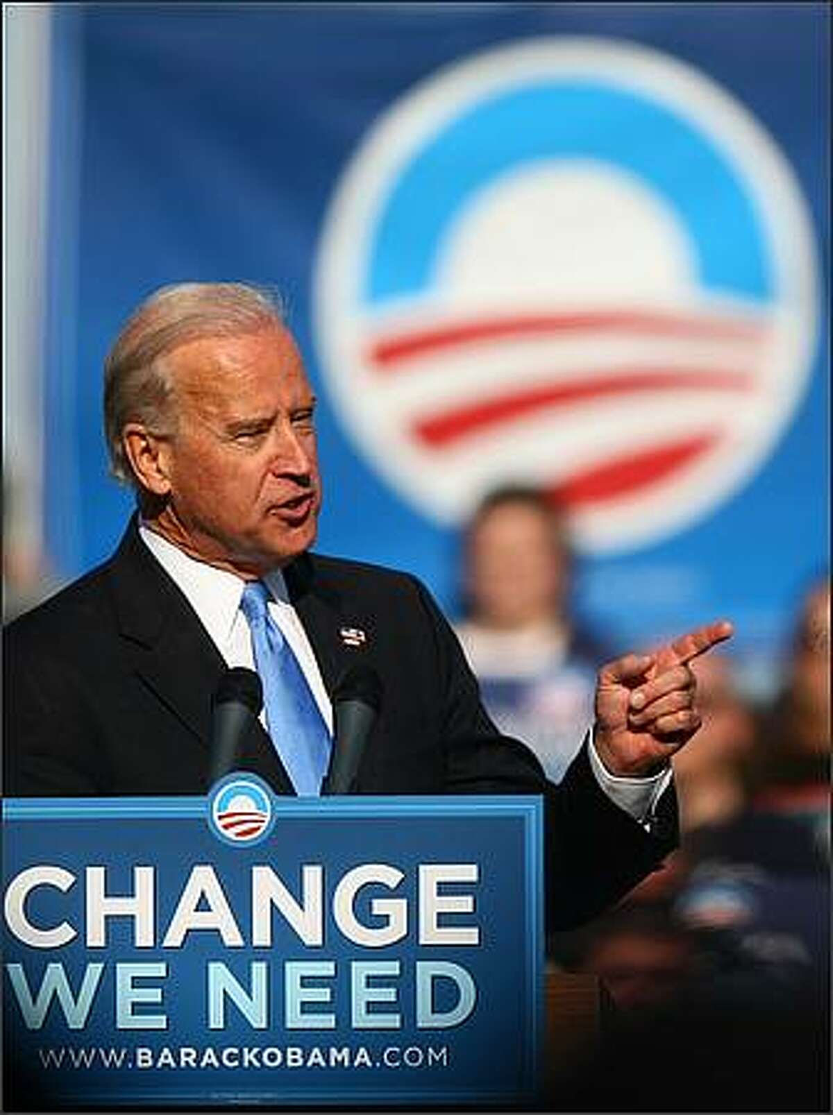 Democratic Vice Presidential candidate Joe Biden speaks to the crowd at Cheney Stadium in Tacoma.