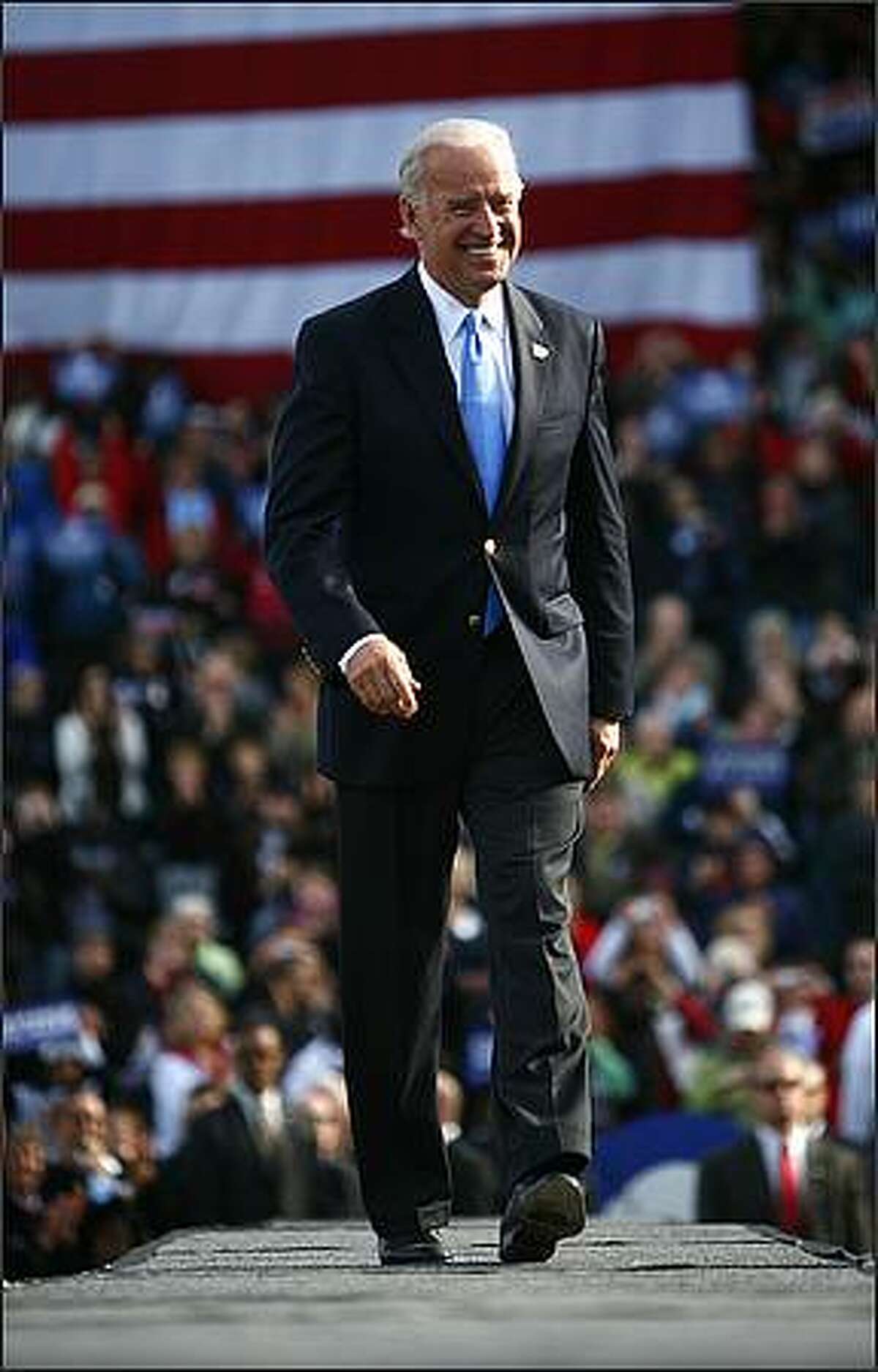 Democratic Vice Presidential candidate Joe Biden takes the stage at Cheney Stadium in Tacoma.