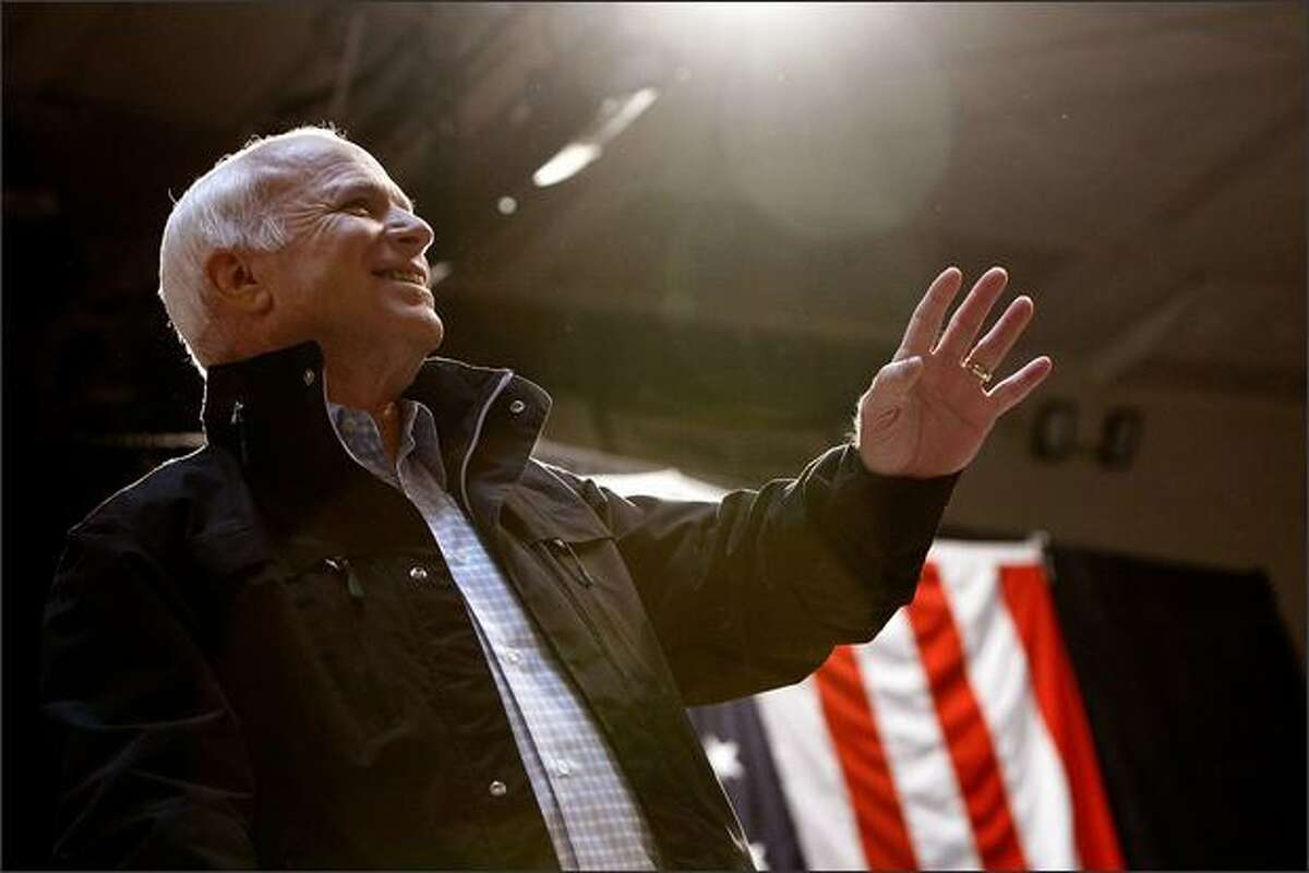 Republican presidential nominee Sen. John McCain (R-AZ) addresses a campaign rally at Strath Haven High School in Wallingford, Penn.. He would lose to Barack Obama, but remain a force in American politics, and later a check on Donald Trump. 