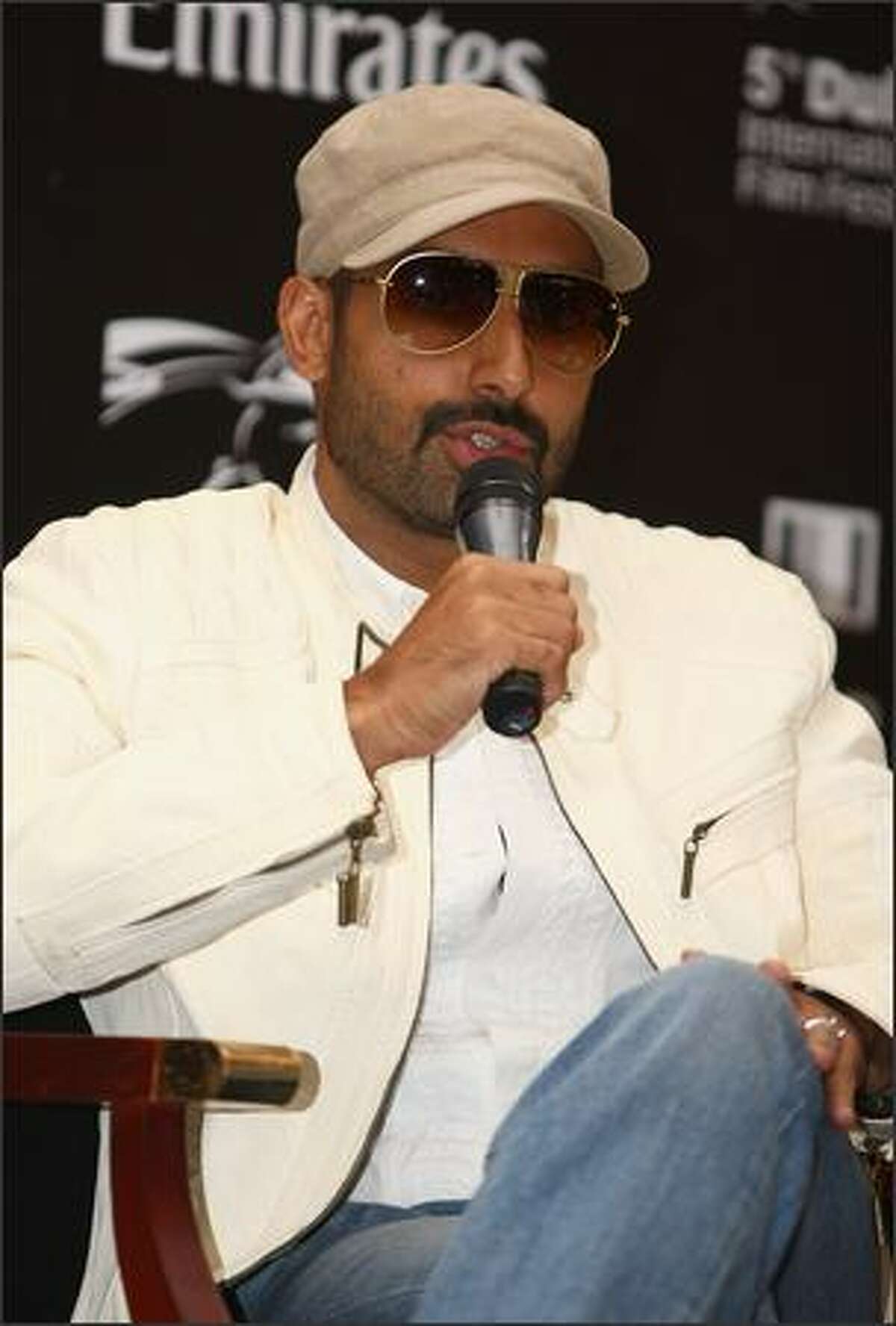 Actor Abhishek Bachchan speaks during the "Delhi 6" press conference during day four of The 5th Annual Dubai International Film Festival held at the Madinat Jumeriah Complex on Sunday in Dubai, United Arab Emirates.