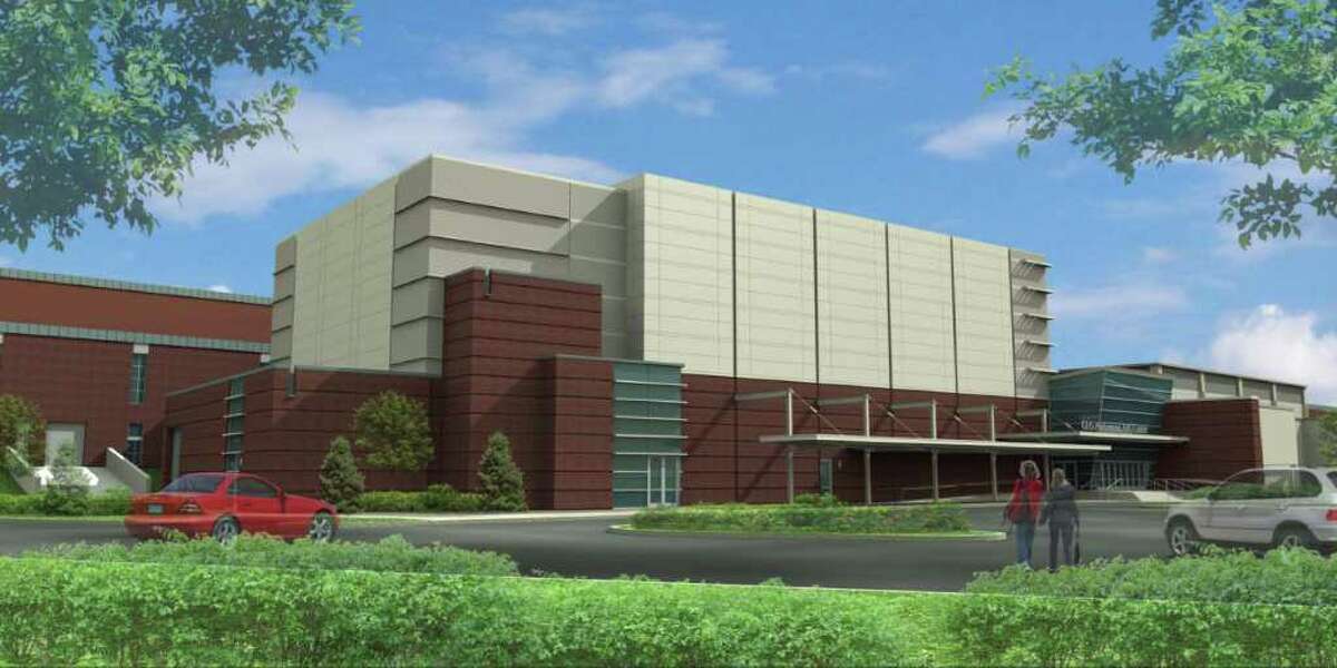This artist's rendering shows the exterior of the proposed renovated Greenwich High School music space and auditorium. The existing gym can be seen on the right and the existing science wing is on the left.