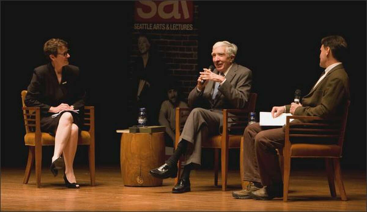 John Updike, center, with Patricia Junker, Curator of American Art at the Seattle Art Museum, left, and author David Guterson at Seattle Arts and Lecture's event on Nov. 12, 2008.