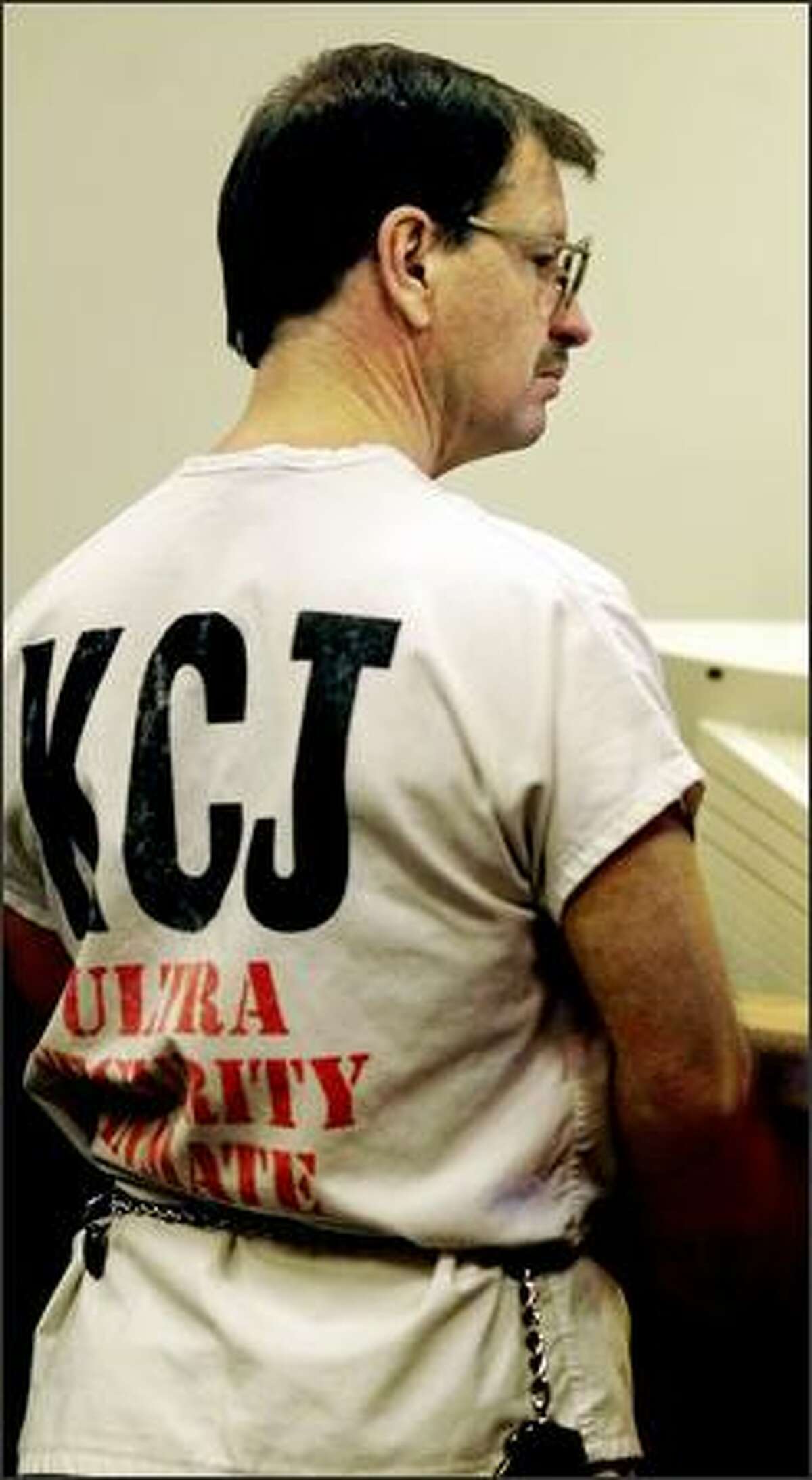 Gary Ridgway, then a suspect and later convicted in the Green River serial murder case, was in the courtroom of Judge Jeffrey Ramsdell on Jan. 3, 2002. In November of 2003 he pleaded guilty to 48 counts of aggravated murder and received a sentence of life in prison without parole. (P-I photo by Dan DeLong)