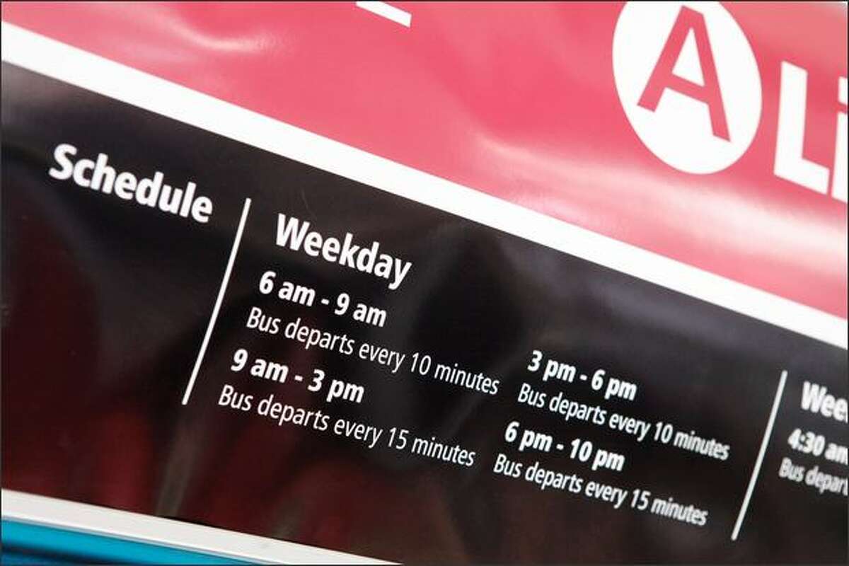 A sample schedule for the "A Line" between Tukwila and Federal Way shows the frequent departure times.