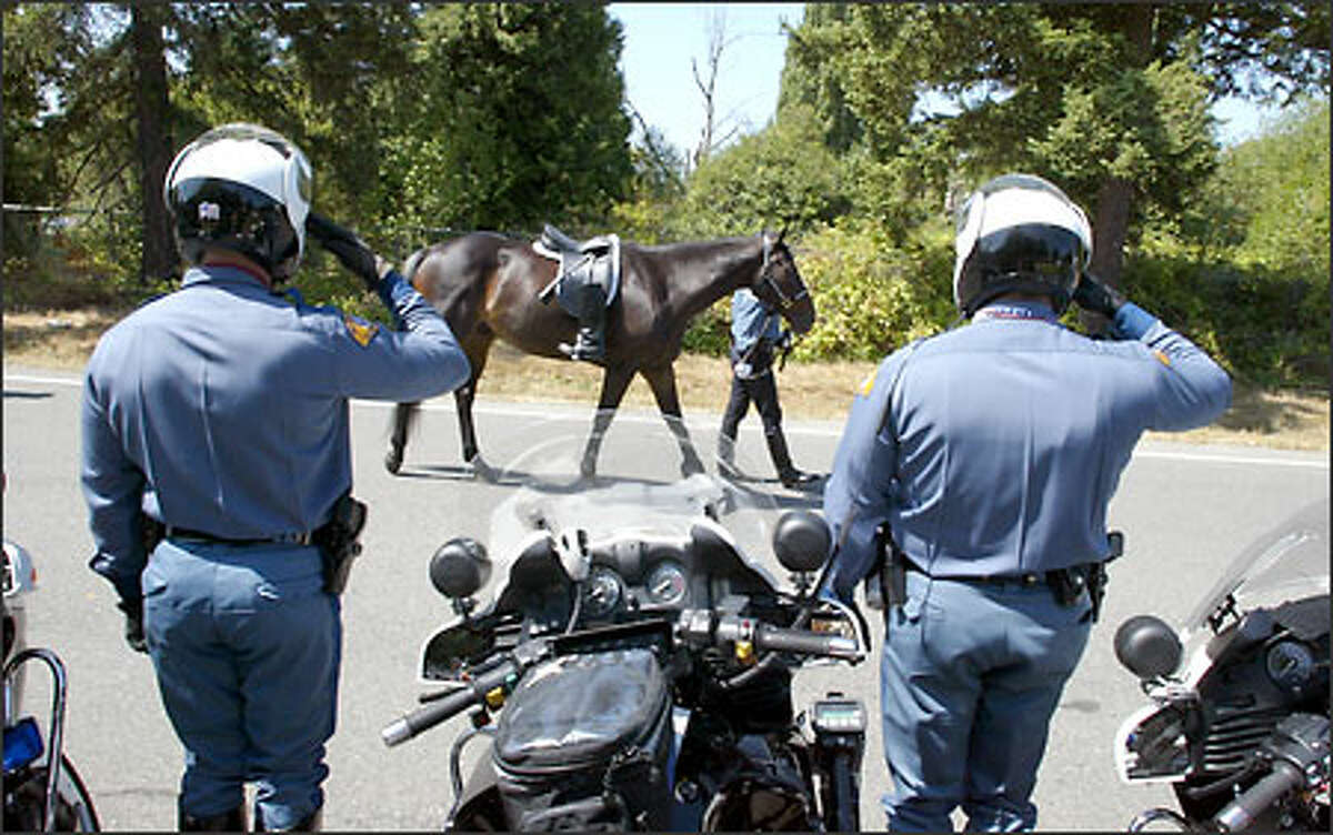 Two Washington State Patrol troopers salute as a riderless horse, symbolizing a fallen officer, passes them during the memorial procession for Patrick Maher.