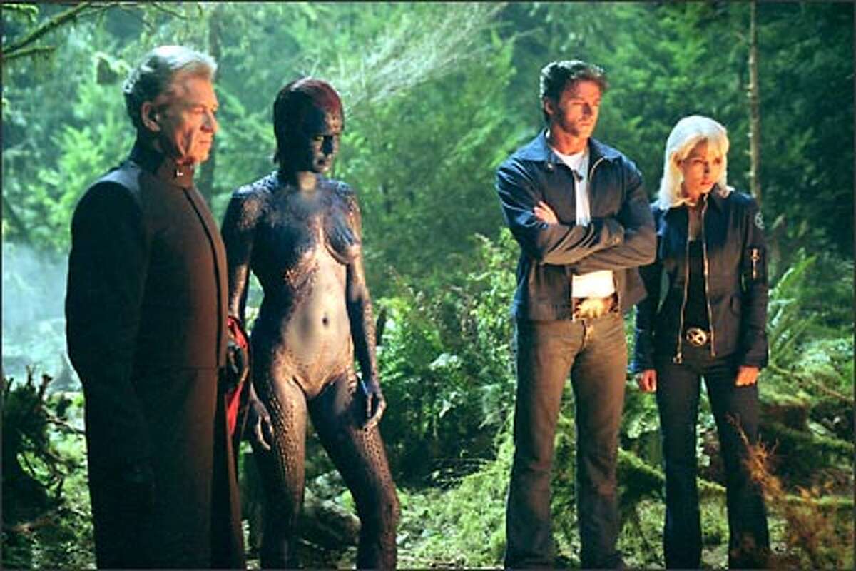 Magneto (Ian McKellen, left) and Mystique (Rebecca Romijn-Stamos) form an unexpected alliance with the X-Men, including Wolverine (Hugh Jackman) and Storm (Halle Berry).